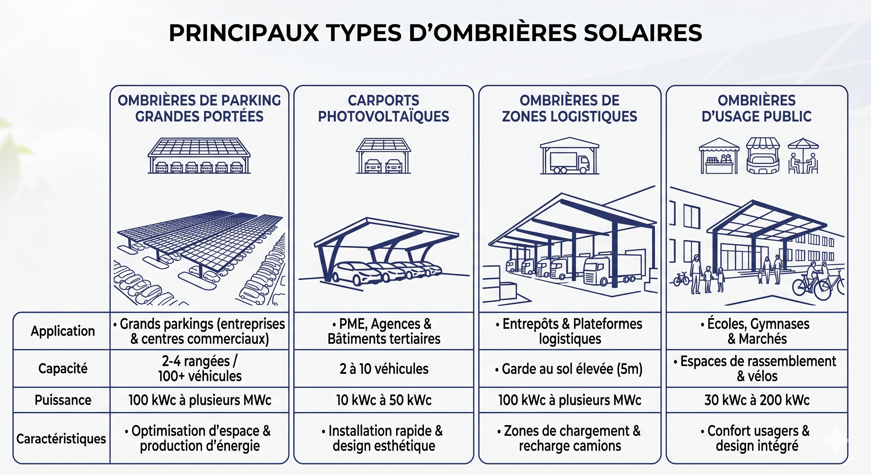 Types d'ombrières photovoltaïques : grandes portées, carport, logistique, public
